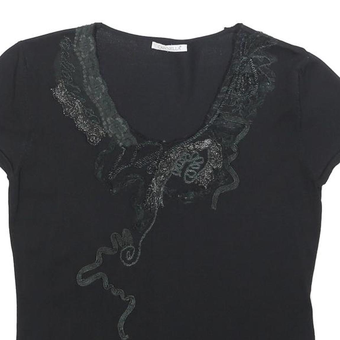CANNELLA Womens Black Printed Top Short Sleeve Round Neck M Embellished