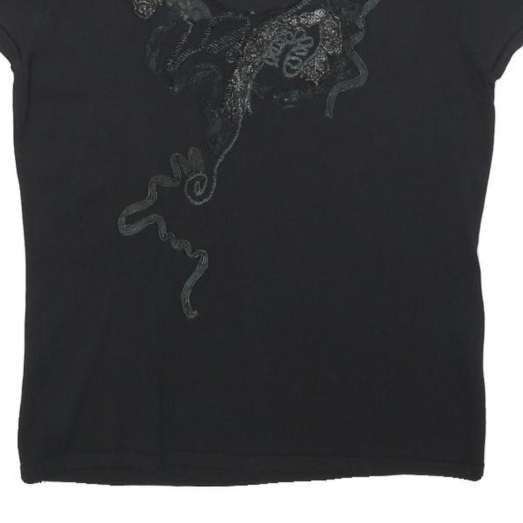 CANNELLA Womens Black Printed Top Short Sleeve Round Neck M Embellished