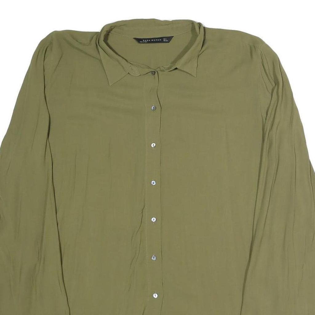 ZARA Womens Green Basic Shirt Long Sleeve Collared Plain L Lightweight Blouse