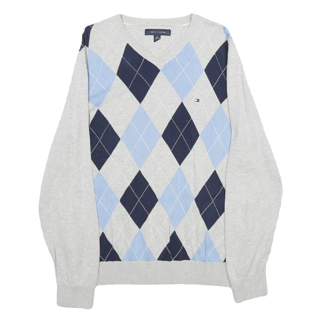 TOMMY HILFIGER Mens Grey Blue Argyle V-Neck Cotton Jumper M Classic Pre-Loved