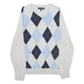 TOMMY HILFIGER Mens Grey Blue Argyle V-Neck Cotton Jumper M Classic Pre-Loved