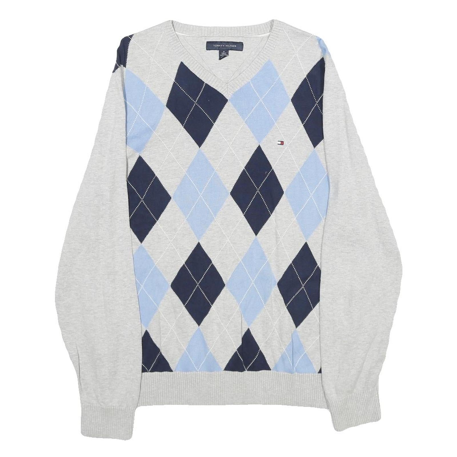 TOMMY HILFIGER Mens Grey Blue Argyle V-Neck Cotton Jumper M Classic Pre-Loved