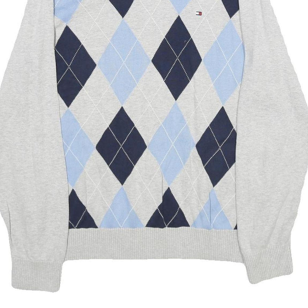 TOMMY HILFIGER Mens Grey Blue Argyle V-Neck Cotton Jumper M Classic Pre-Loved