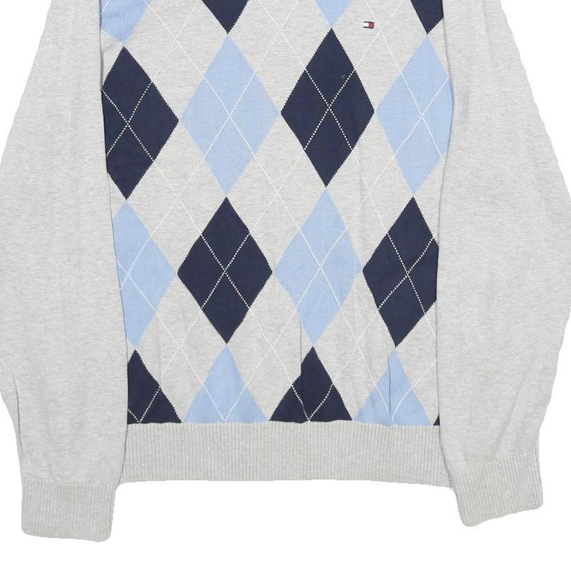 TOMMY HILFIGER Mens Grey Blue Argyle V-Neck Cotton Jumper M Classic Pre-Loved
