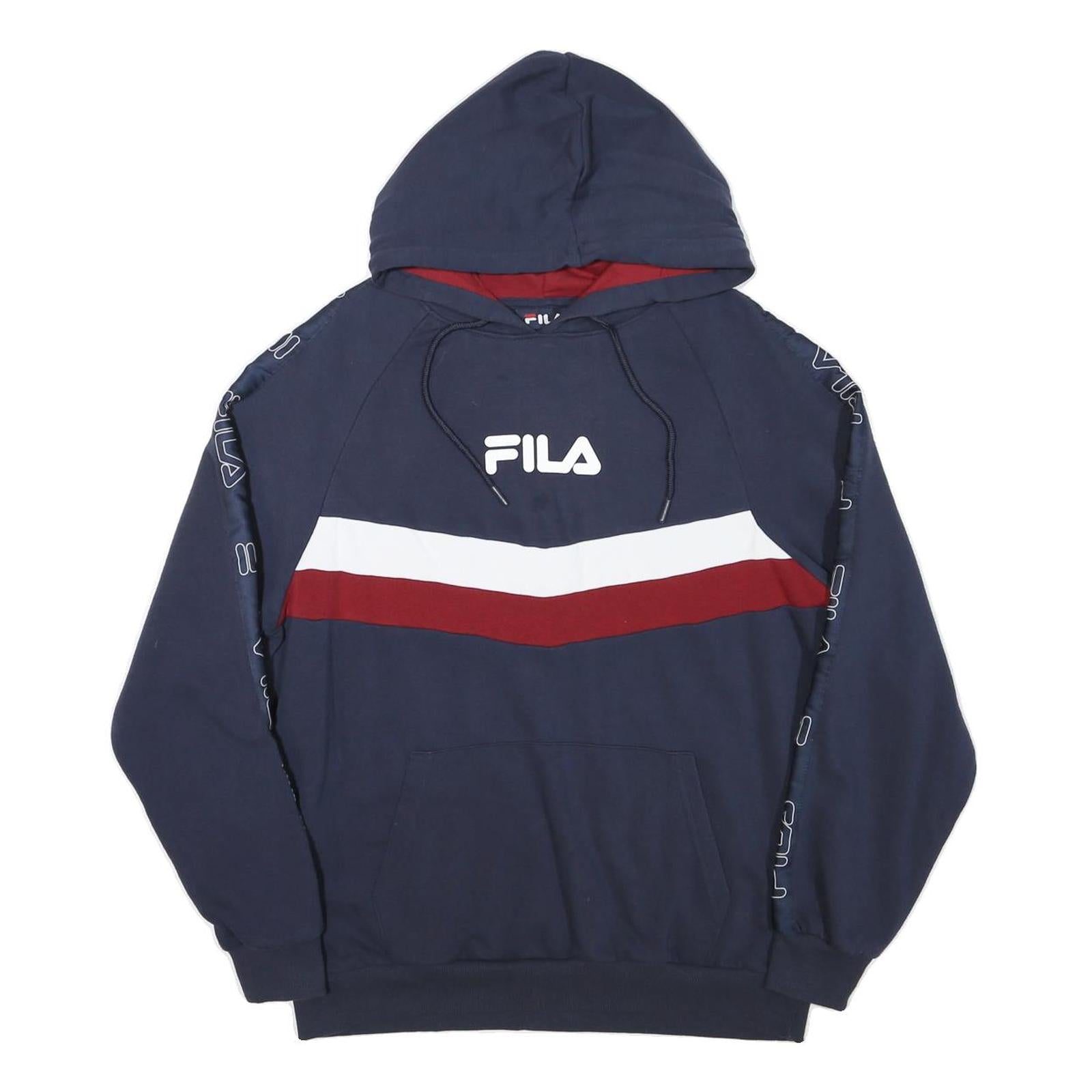 FILA Mens Navy Blue Red & White Hoodie M Logo Printed Casual Pullover