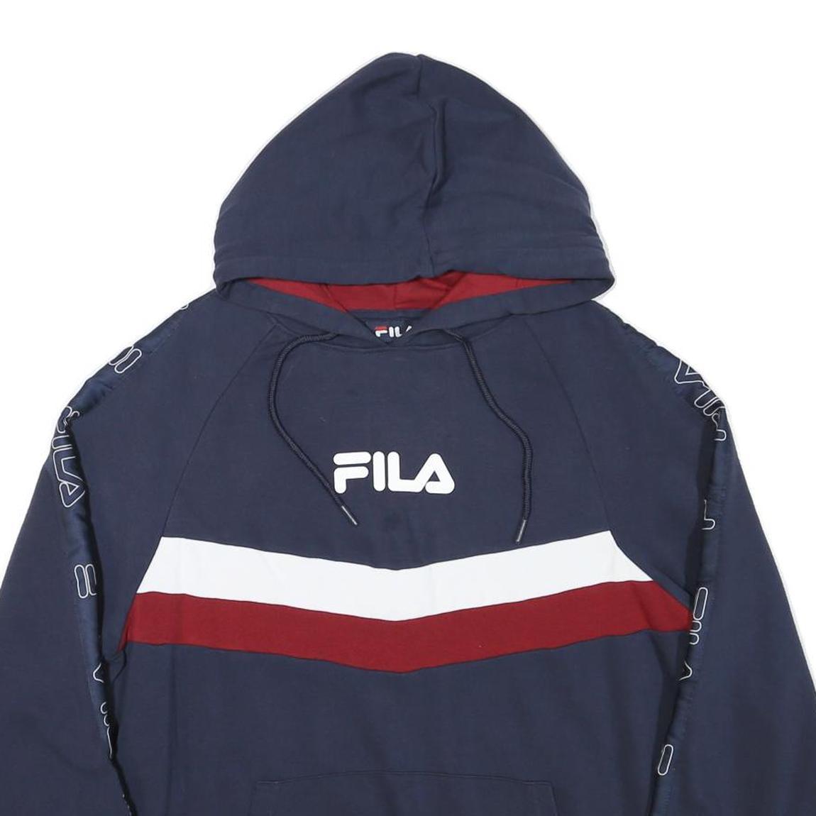 FILA Mens Navy Blue Red & White Hoodie M Logo Printed Casual Pullover