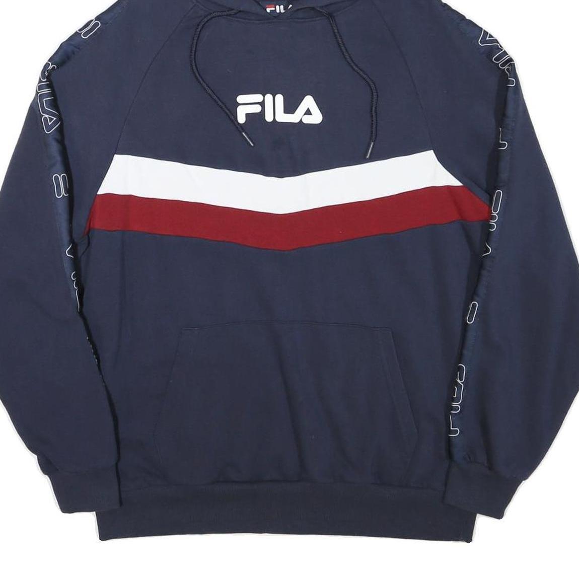 FILA Mens Navy Blue Red & White Hoodie M Logo Printed Casual Pullover