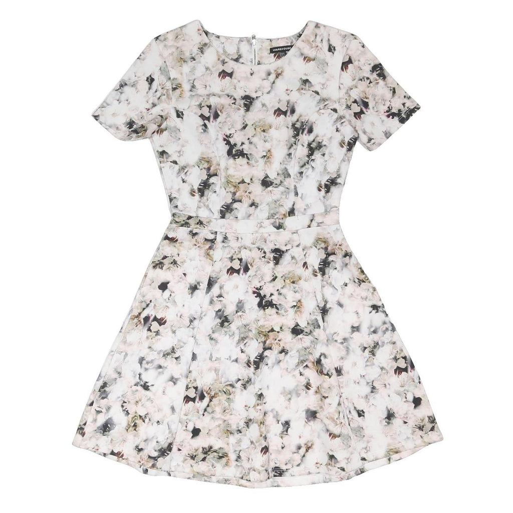 WAREHOUSE Womens Cream Floral Fit & Flare Polyester Blend Short Sleeve Short