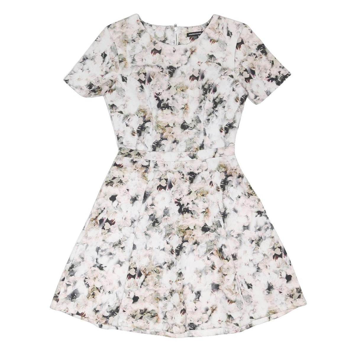 WAREHOUSE Womens Cream Floral Fit & Flare Polyester Blend Short Sleeve Short