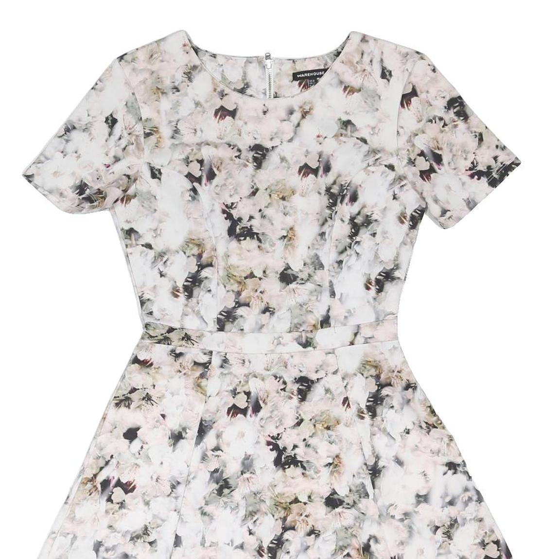 WAREHOUSE Womens Cream Floral Fit & Flare Polyester Blend Short Sleeve Short