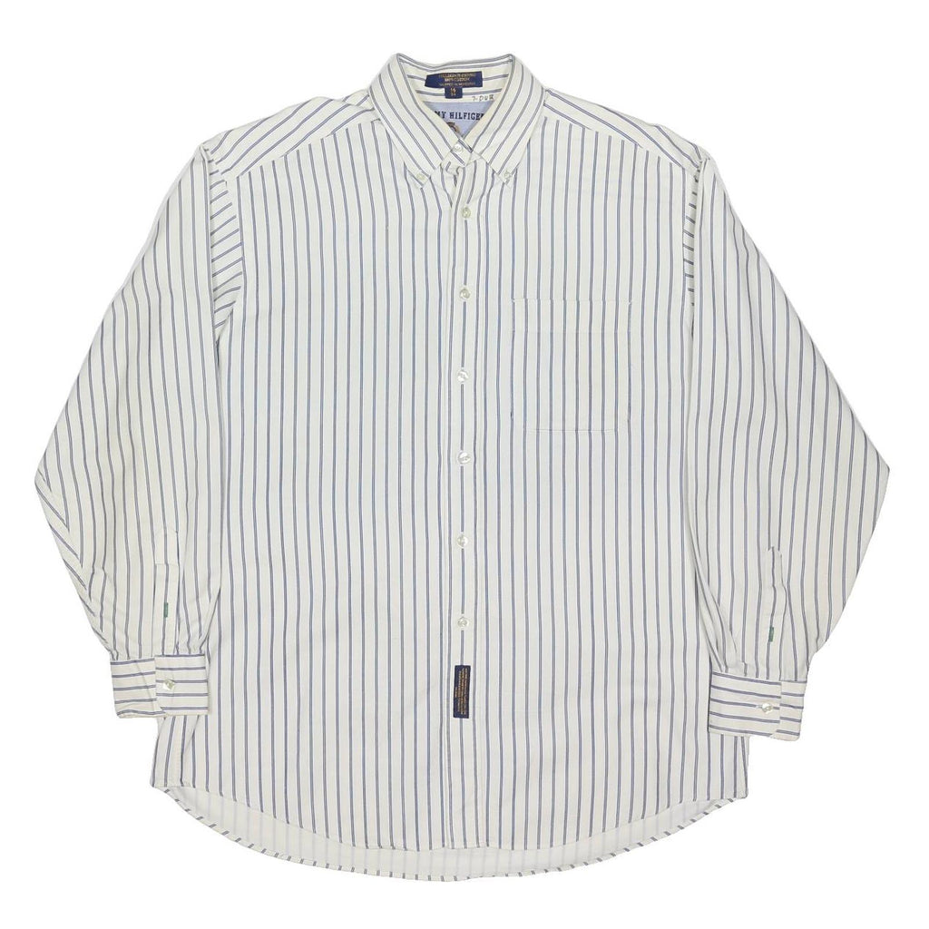 TOMMY HILFIGER Mens White & Blue Stripe Shirt XL Cotton Blend Button-Down Collar