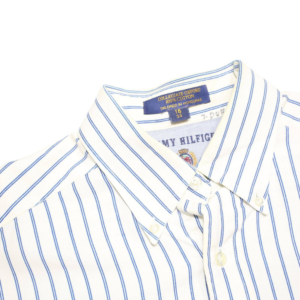 TOMMY HILFIGER Mens White & Blue Stripe Shirt XL Cotton Blend Button-Down Collar
