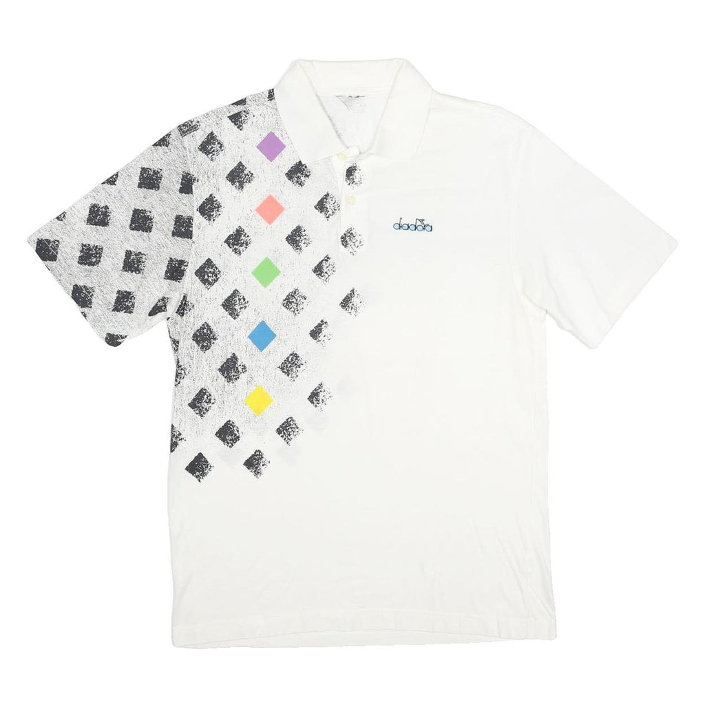 DIADORA Mens White Polo Shirt Cotton M Short Sleeve Geometric Print Sports