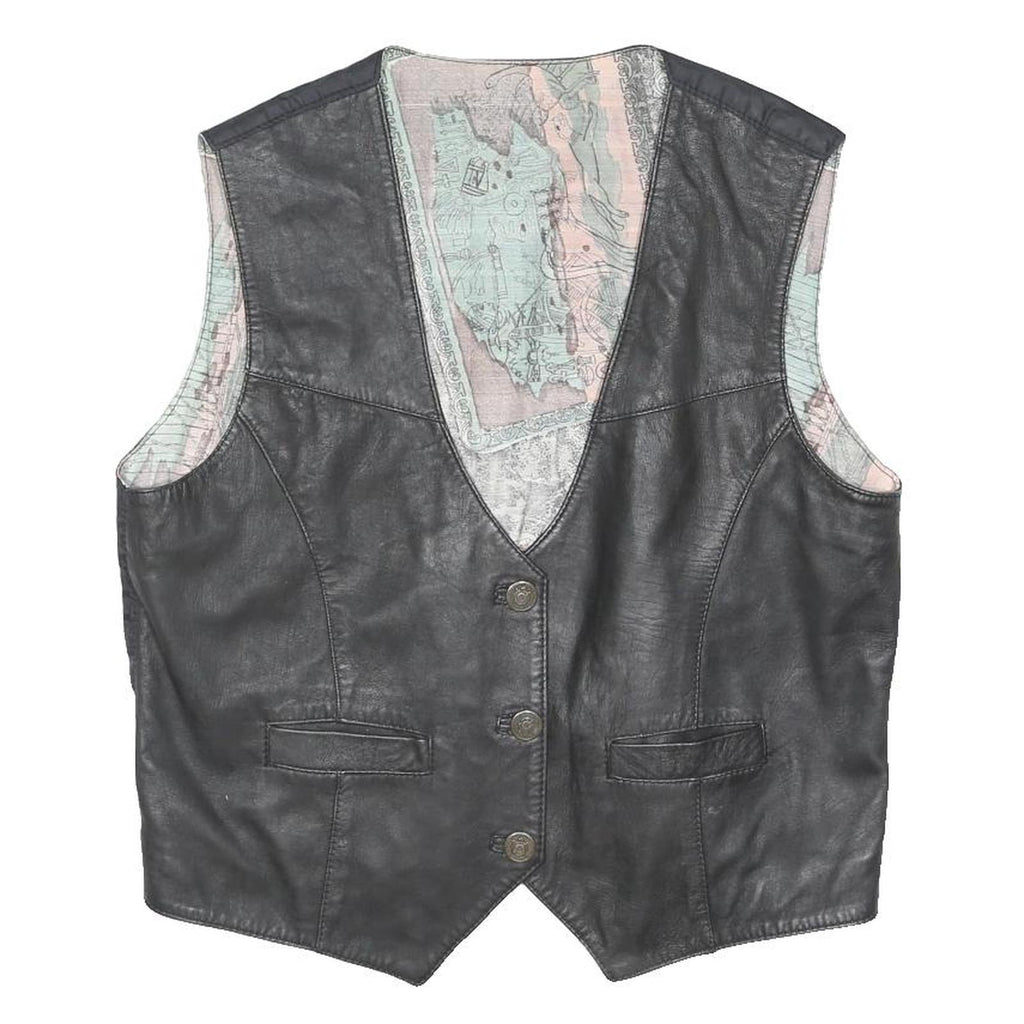 Mens Black Leather Button Jacket L Vest Waistcoat Classic Style