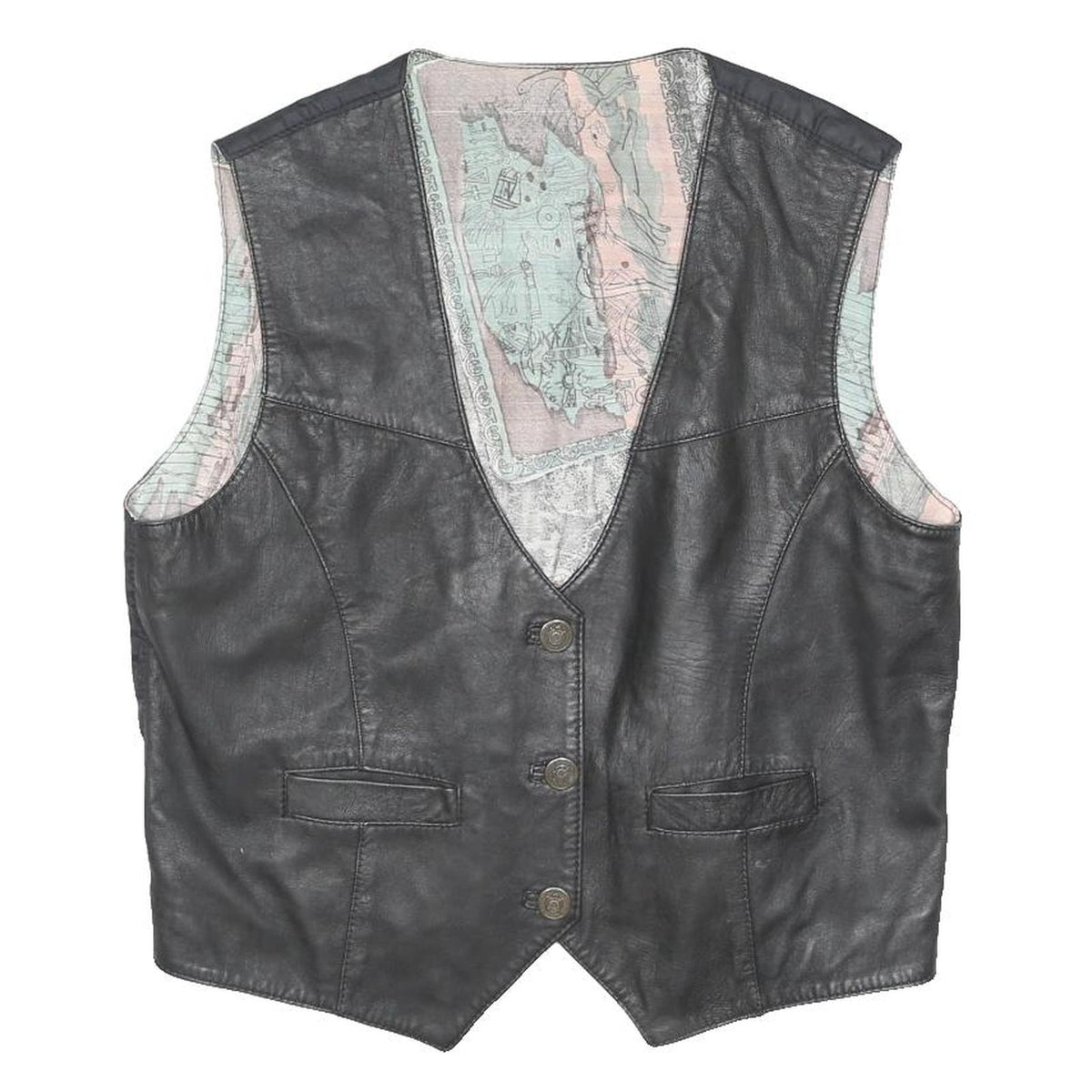 Mens Black Leather Button Jacket L Vest Waistcoat Classic Style
