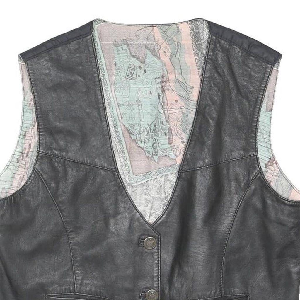 Mens Black Leather Button Jacket L Vest Waistcoat Classic Style
