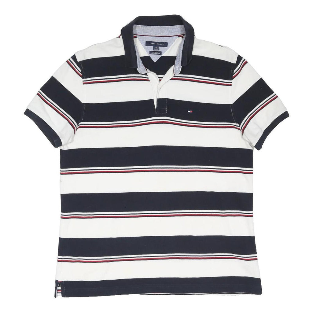 TOMMY HILFIGER Mens White & Navy Striped Short Sleeve Polo Shirt L Cotton Blend