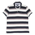 TOMMY HILFIGER Mens White & Navy Striped Short Sleeve Polo Shirt L Cotton Blend