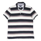 TOMMY HILFIGER Mens White & Navy Striped Short Sleeve Polo Shirt L Cotton Blend