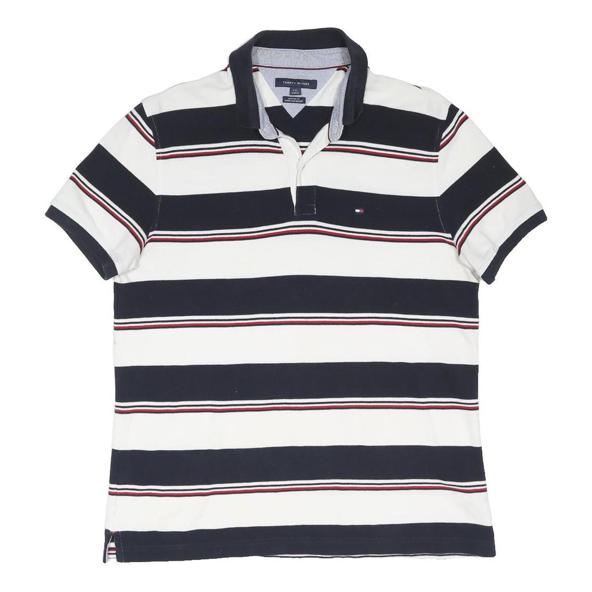 TOMMY HILFIGER Mens White & Navy Striped Short Sleeve Polo Shirt L Cotton Blend
