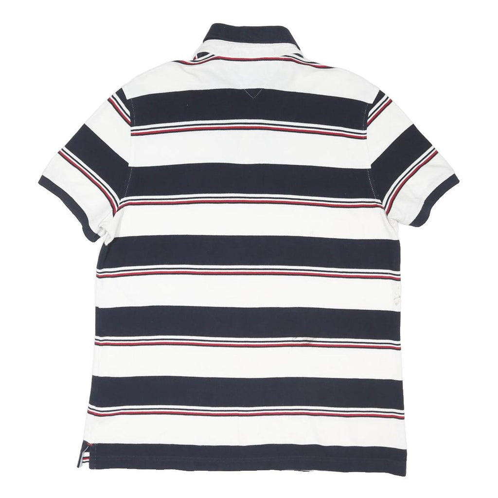 TOMMY HILFIGER Mens White & Navy Striped Short Sleeve Polo Shirt L Cotton Blend