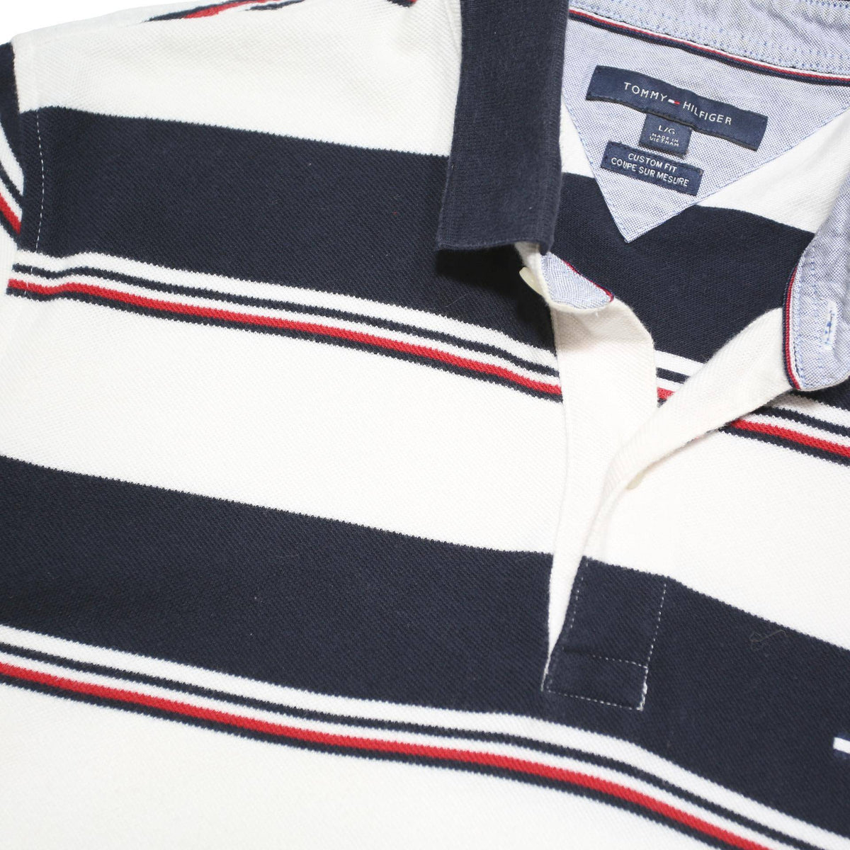 TOMMY HILFIGER Mens White & Navy Striped Short Sleeve Polo Shirt L Cotton Blend