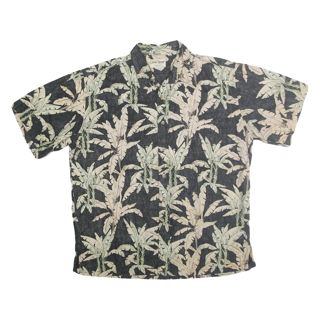 COOKE STREET Mens Black & Cream Tropical Print Cotton Shirt XL Short Sleeve