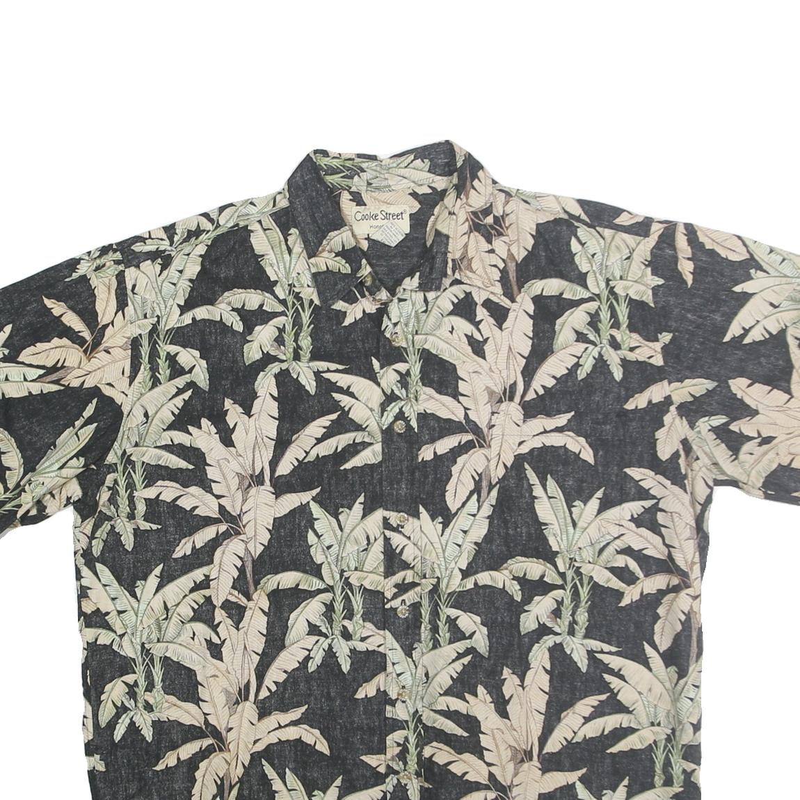 COOKE STREET Mens Black & Cream Tropical Print Cotton Shirt XL Short Sleeve