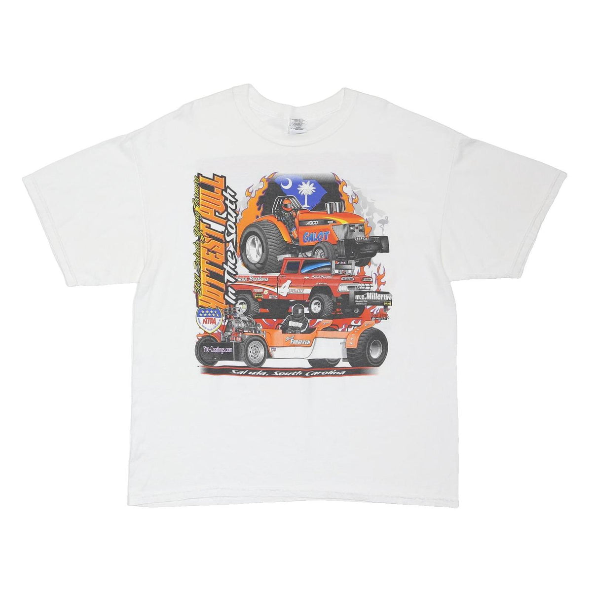 GILDAN Mens White Vintage Graphic T-Shirt XL Short Sleeve Crew Neck Tractor Pull