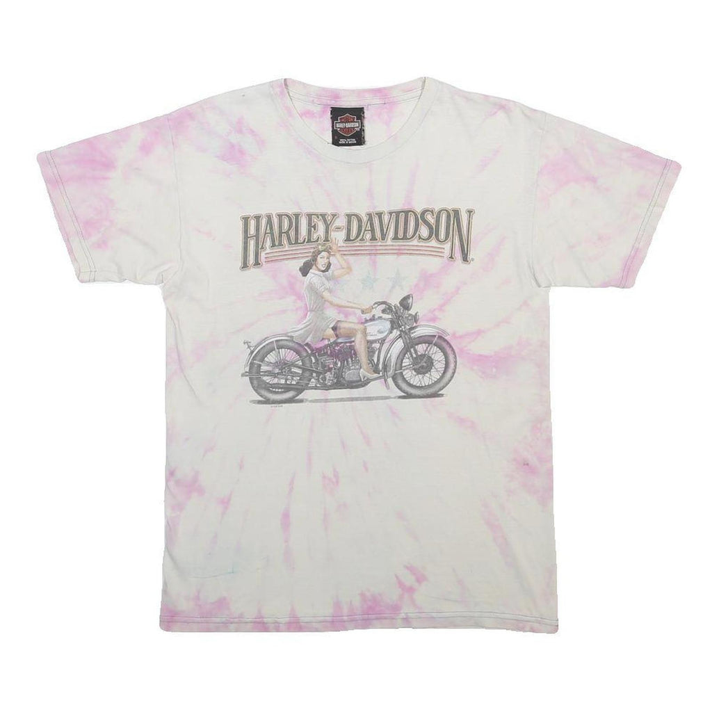 HARLEY DAVIDSON Mens White & Pink Graphic T-Shirt S Short Sleeve Crew Neck Retro