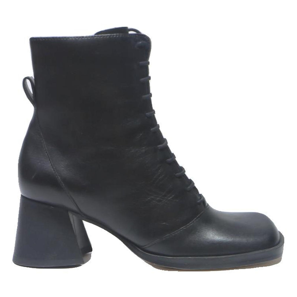 CHARLES & KEITH Womens Lace-Up Ankle Boots Black Leather UK 2 Stylish Block Heel