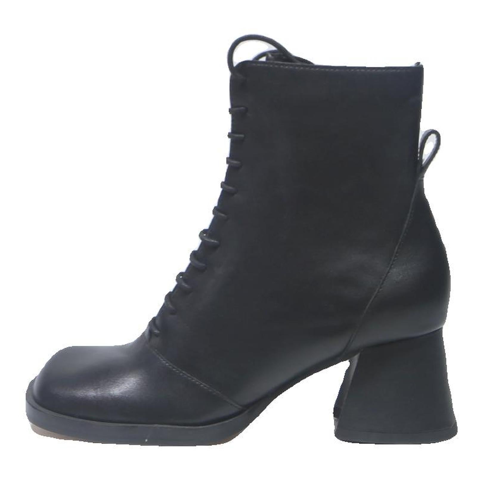 CHARLES & KEITH Womens Lace-Up Ankle Boots Black Leather UK 2 Stylish Block Heel