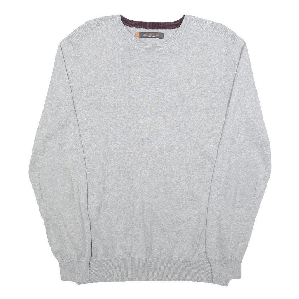 BEN SHERMAN Mens Grey Plain Cotton Jumper Crew Neck Basic Knit L Casual