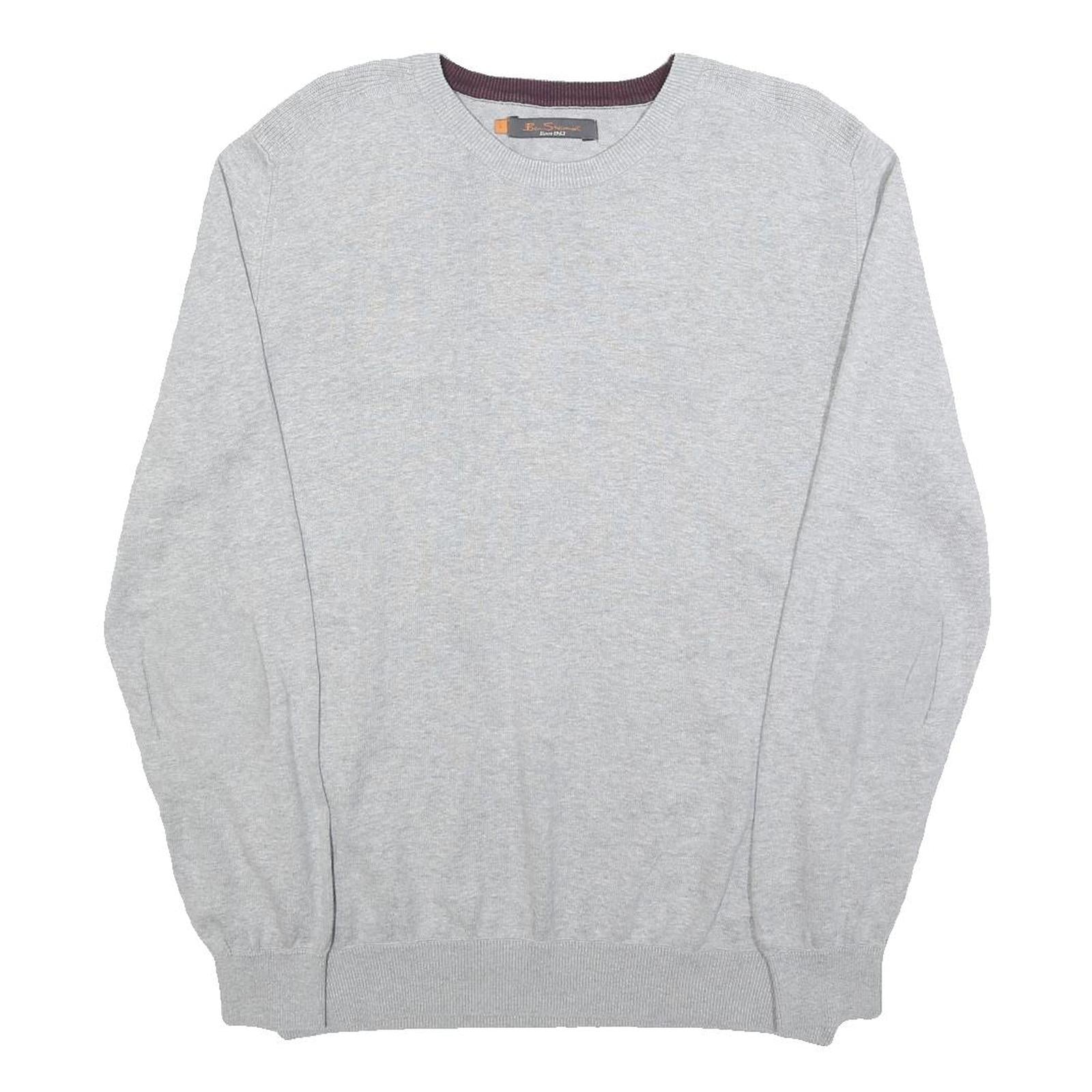 BEN SHERMAN Mens Grey Plain Cotton Jumper Crew Neck Basic Knit L Casual