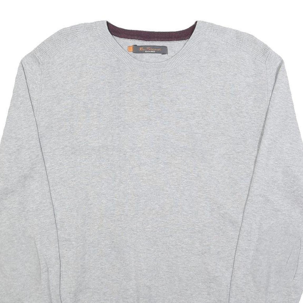 BEN SHERMAN Mens Grey Plain Cotton Jumper Crew Neck Basic Knit L Casual