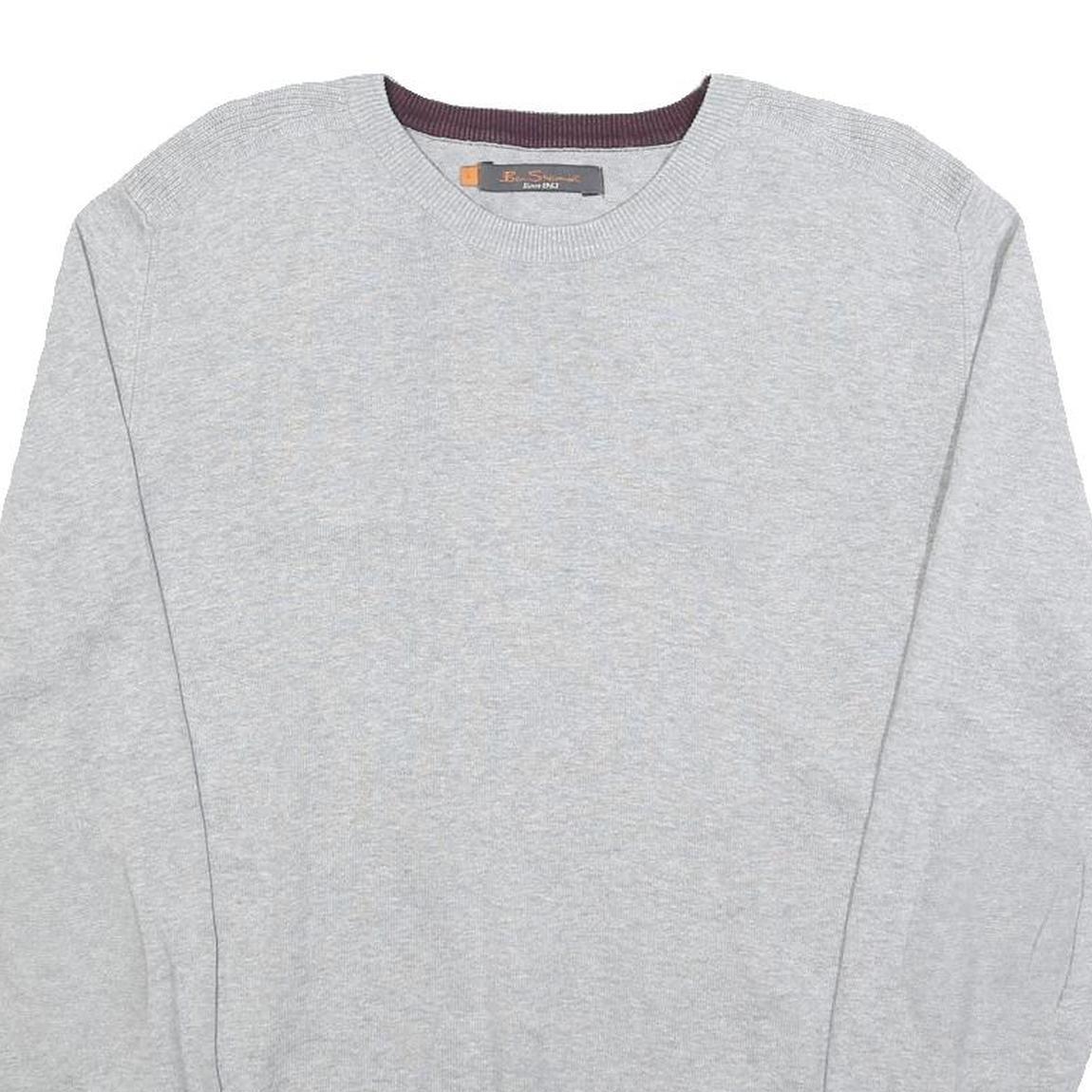 BEN SHERMAN Mens Grey Plain Cotton Jumper Crew Neck Basic Knit L Casual