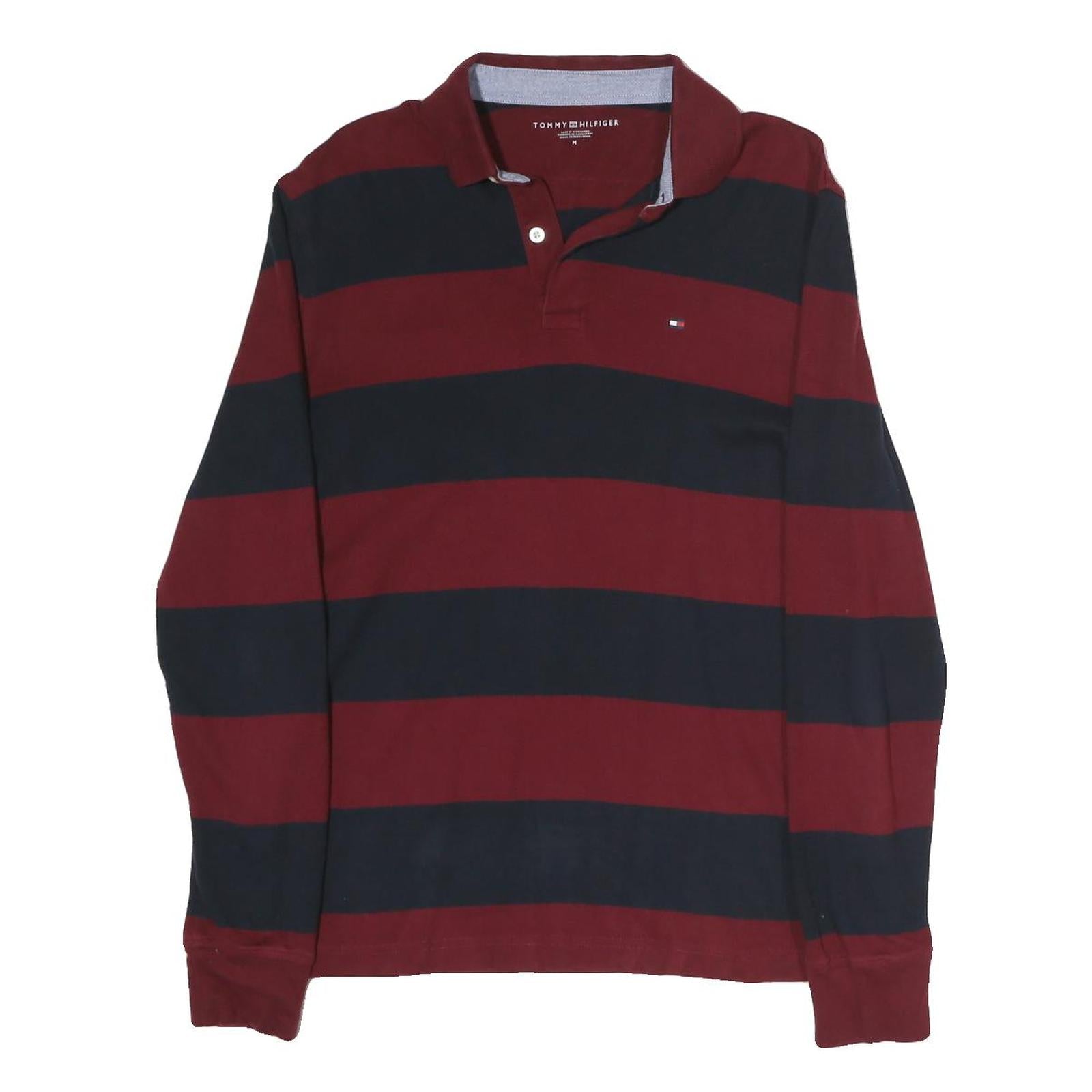 TOMMY HILFIGER Mens Burgundy & Navy Striped Long Sleeve Polo Shirt M Classic Fit