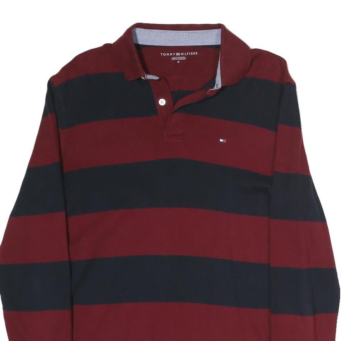 TOMMY HILFIGER Mens Burgundy & Navy Striped Long Sleeve Polo Shirt M Classic Fit
