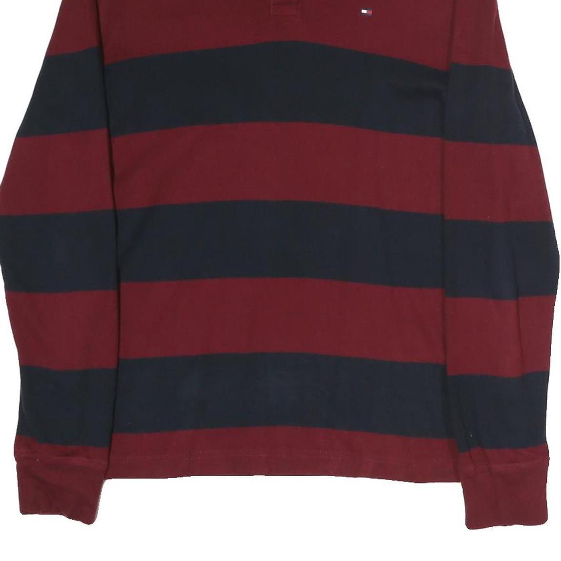 TOMMY HILFIGER Mens Burgundy & Navy Striped Long Sleeve Polo Shirt M Classic Fit