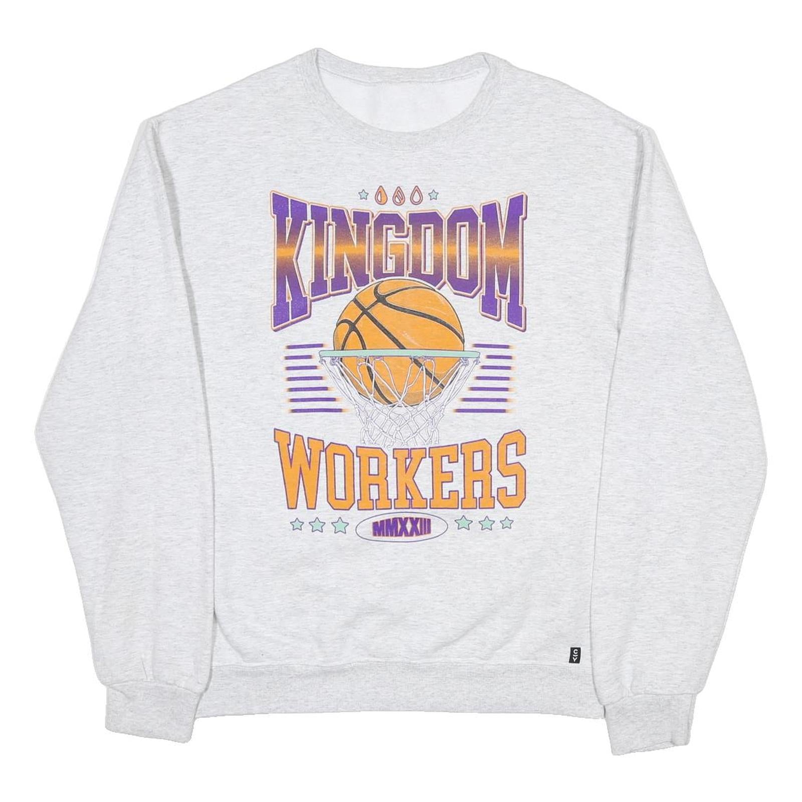 Mens Grey Kingdom Workers Graphic Crew Neck S Sweatshirt Cotton Blend Pullover