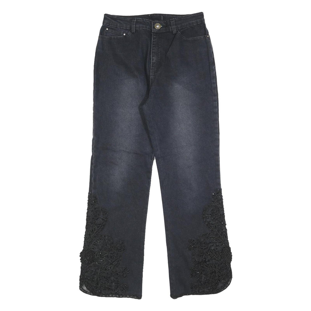 Womens Dark Blue Regular Fit Straight Denim Jeans W26 L28 Embroidered Leg