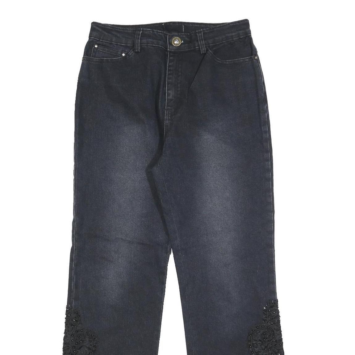 Womens Dark Blue Regular Fit Straight Denim Jeans W26 L28 Embroidered Leg