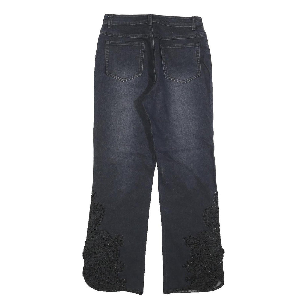 Womens Dark Blue Regular Fit Straight Denim Jeans W26 L28 Embroidered Leg
