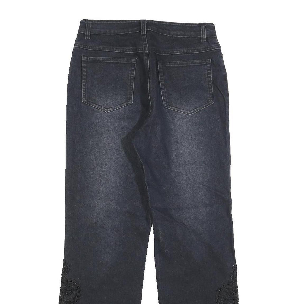 Womens Dark Blue Regular Fit Straight Denim Jeans W26 L28 Embroidered Leg
