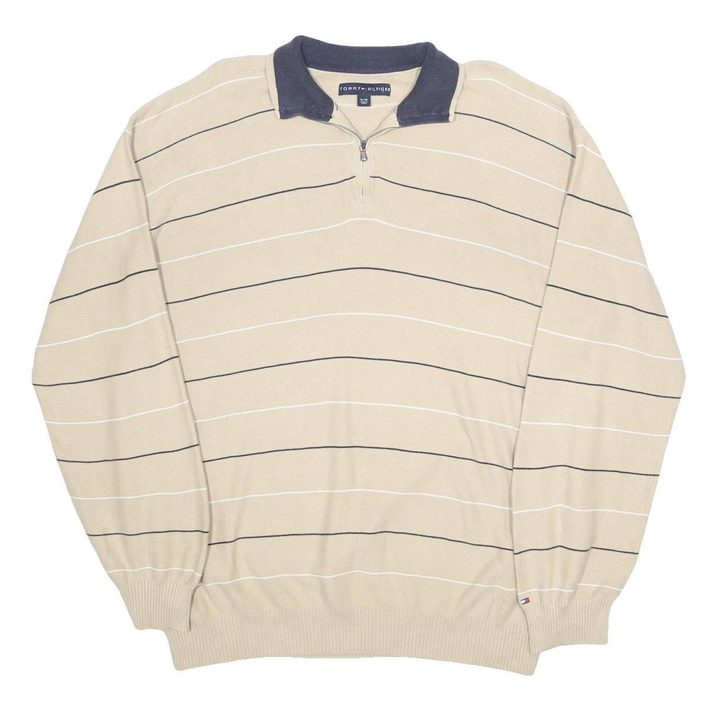 TOMMY HILFIGER Mens Beige & Navy Striped Patterned Cotton Pullover Jumper XL Zip