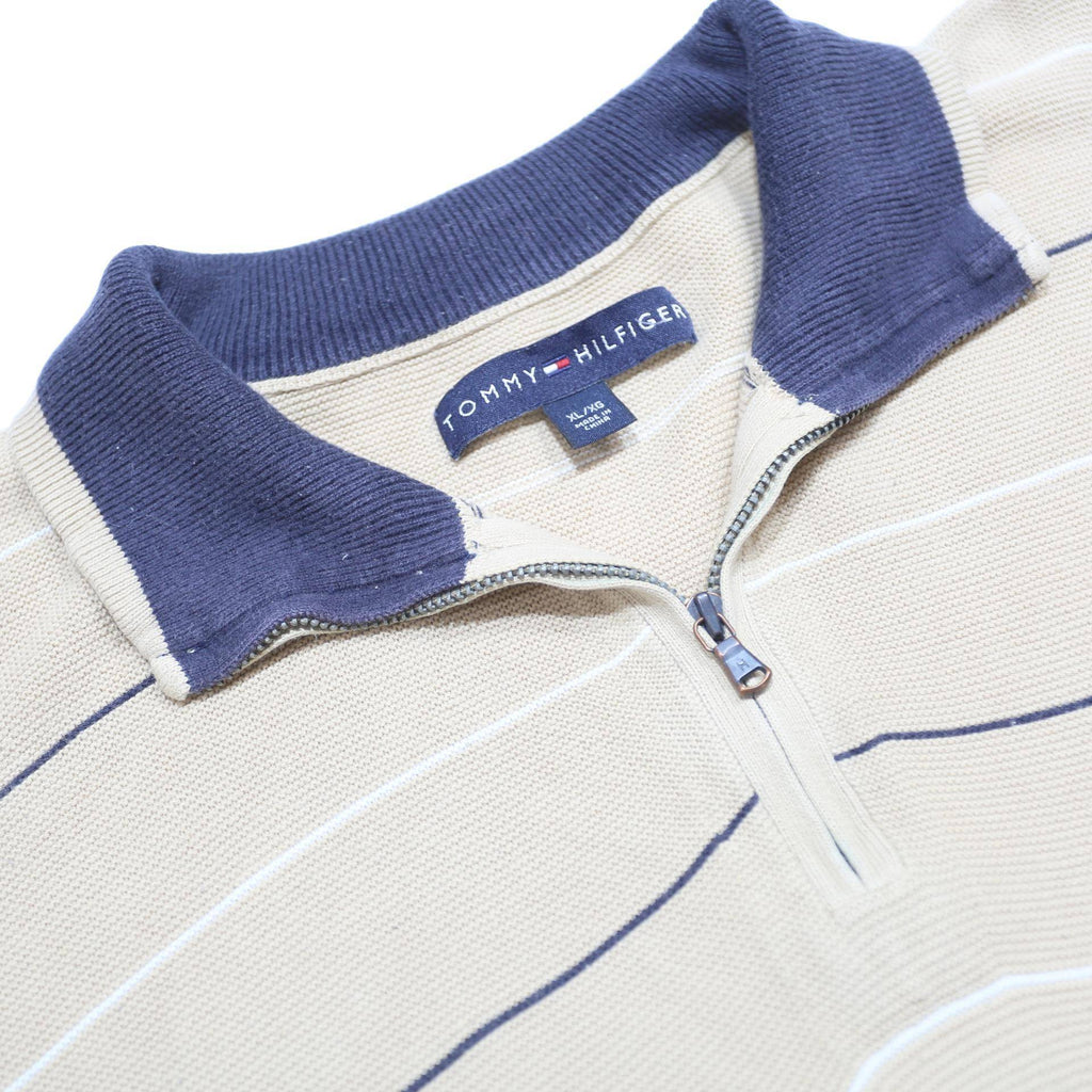 TOMMY HILFIGER Mens Beige & Navy Striped Patterned Cotton Pullover Jumper XL Zip