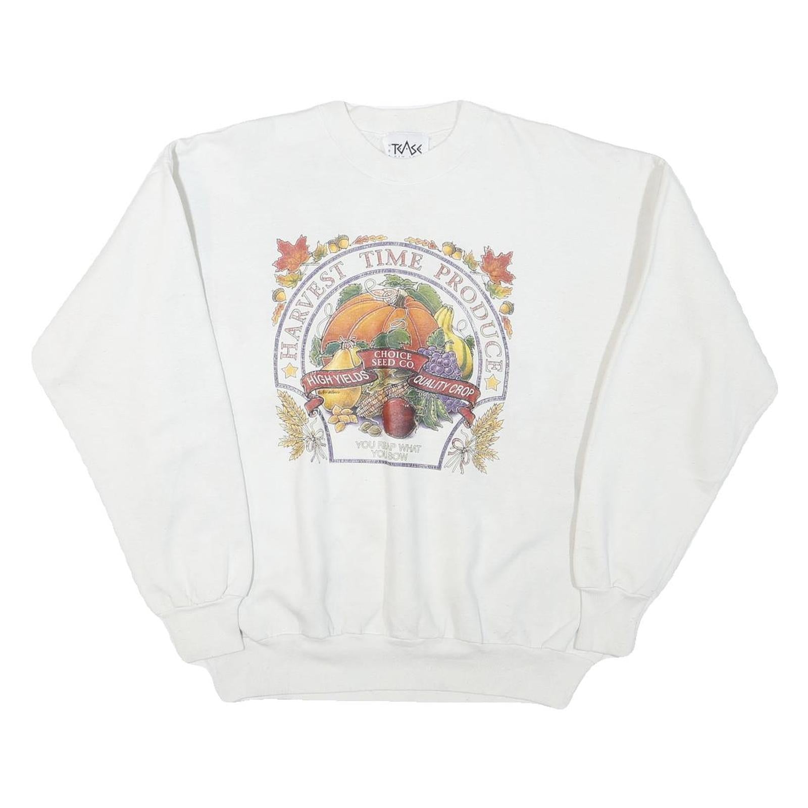 TEASE Mens White Harvest Time Produce Cotton Blend Crew Neck Sweatshirt L