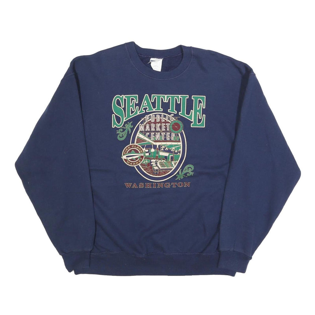 JERZEES Mens Navy Blue Seattle Public Market Centre Crew Neck L Sweatshirt