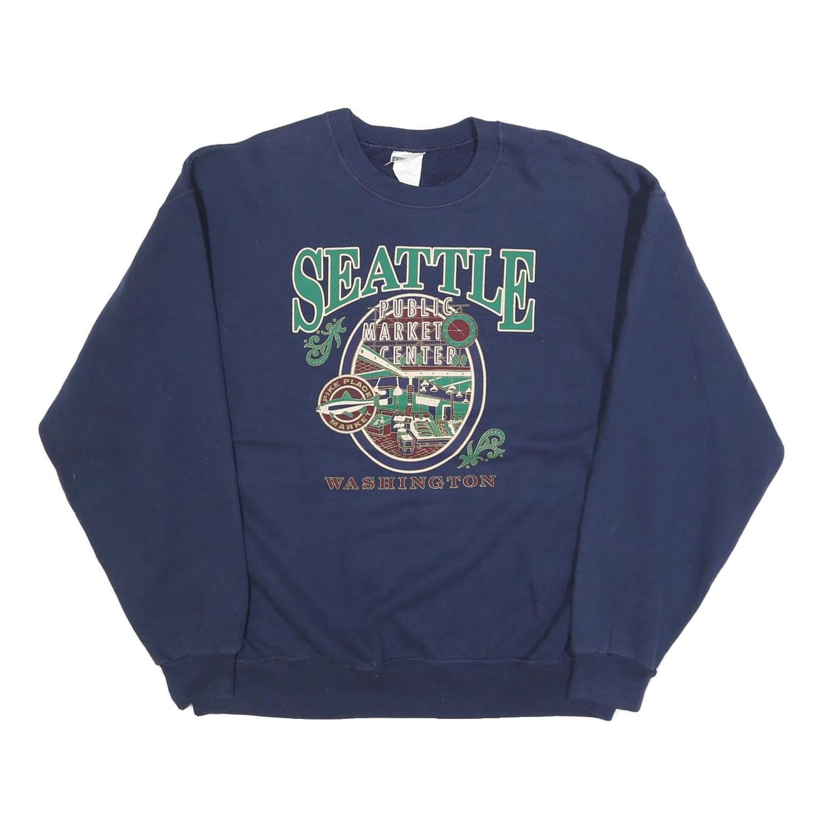 JERZEES Mens Navy Blue Seattle Public Market Centre Crew Neck L Sweatshirt