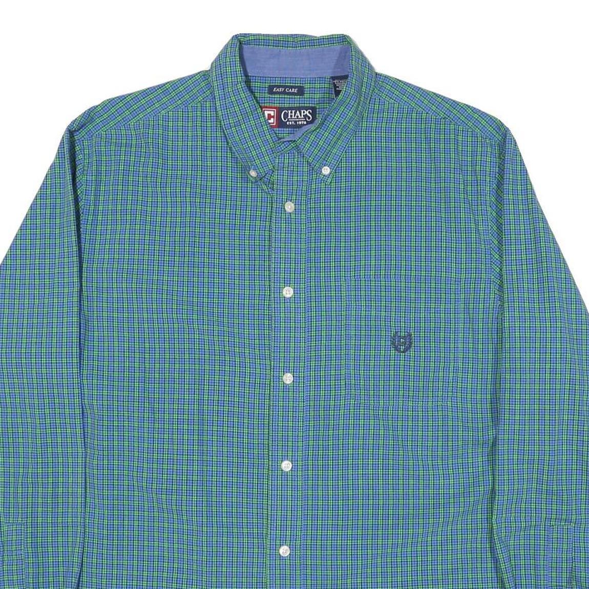 CHAPS Mens Blue & Green Check Shirt L Button Down Cotton Blend Casual